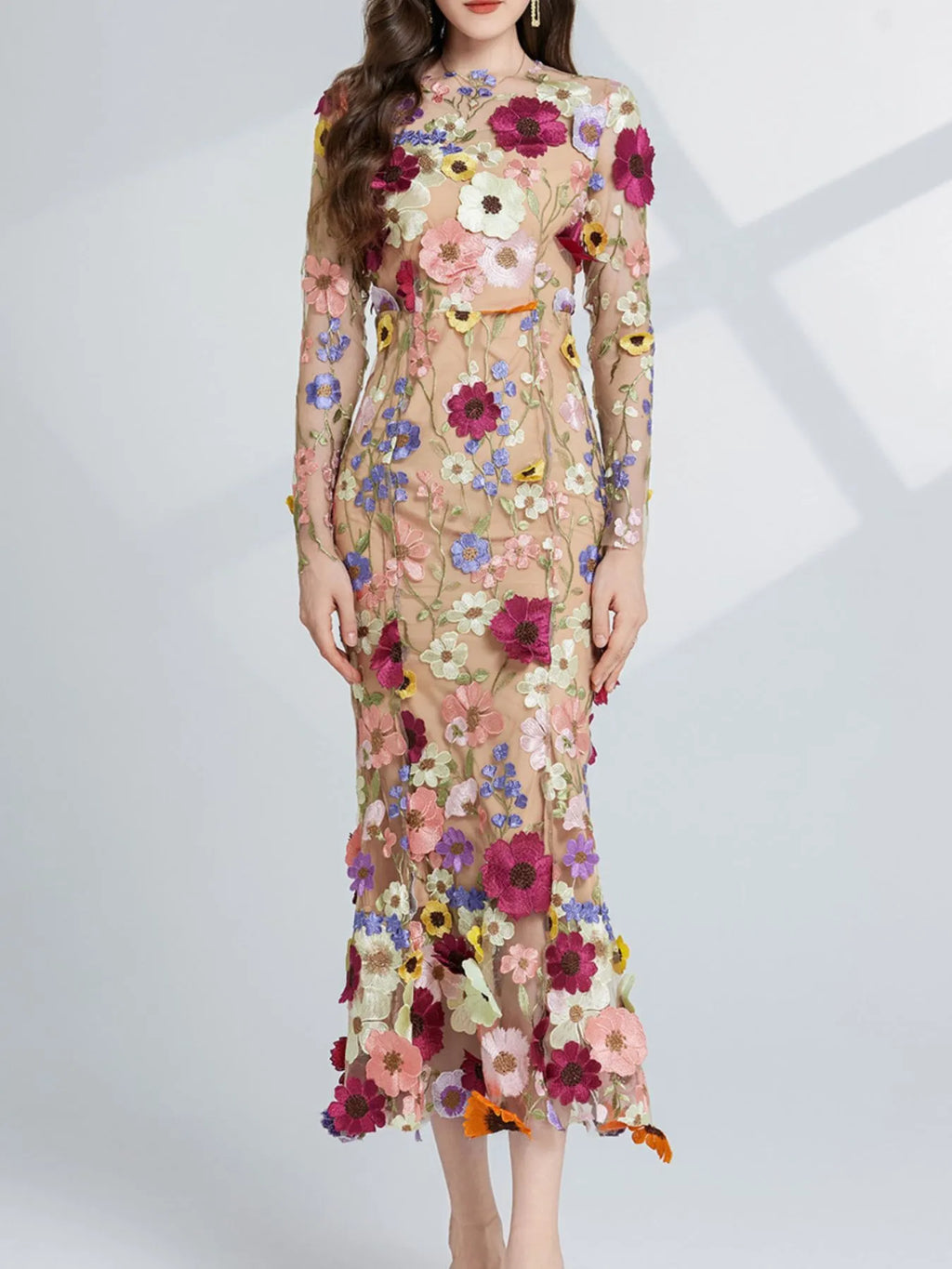 Floral Embroidered Mesh Long Sleeve Midi Dress (7)