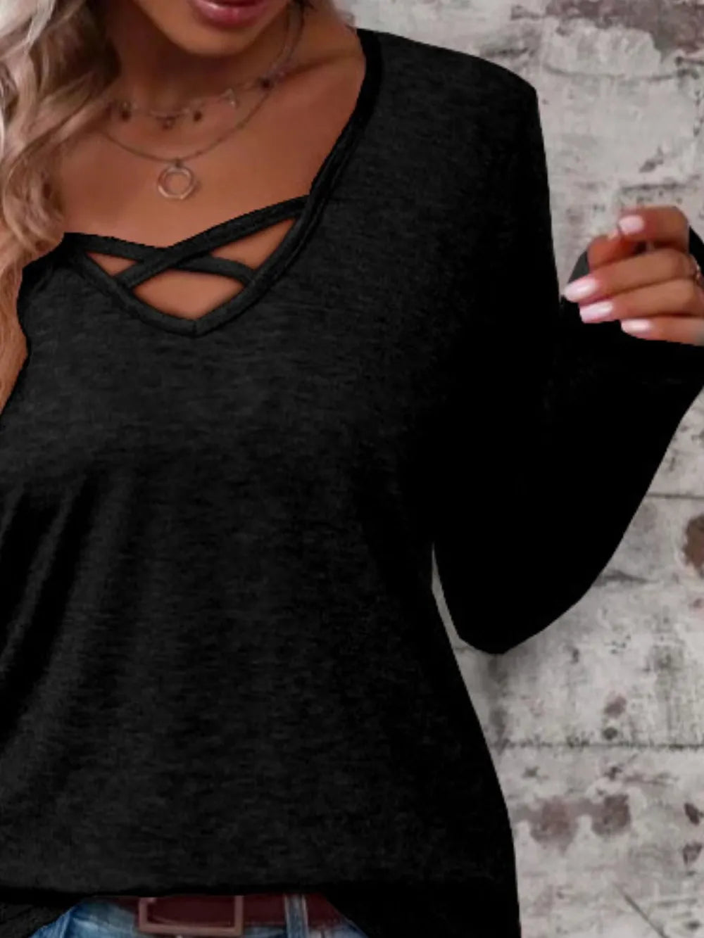 Crisscross V-neck Long Sleeve T-shirt (24)