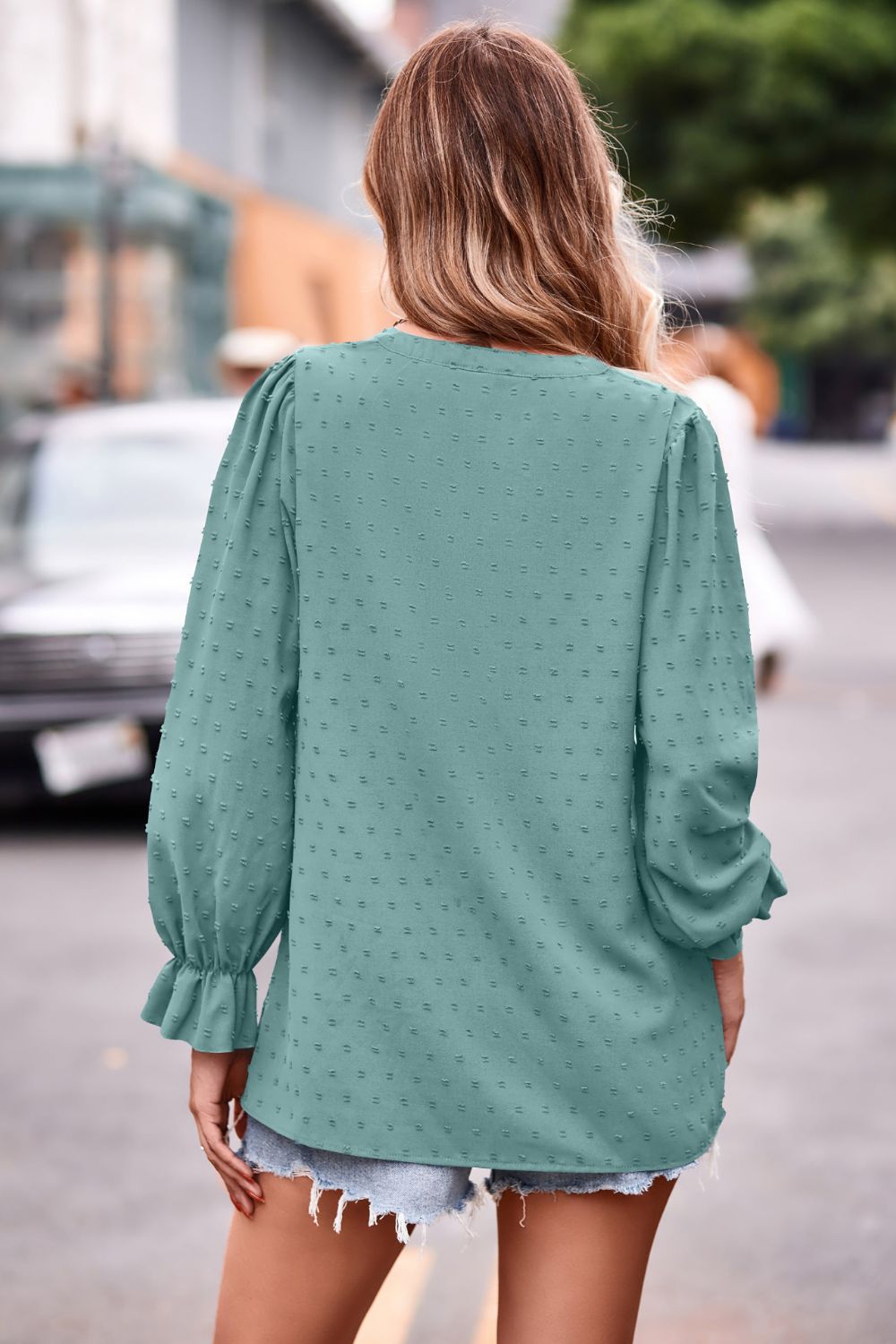 Swiss Dot Notched Neck Flounce Sleeve Blouse (9)