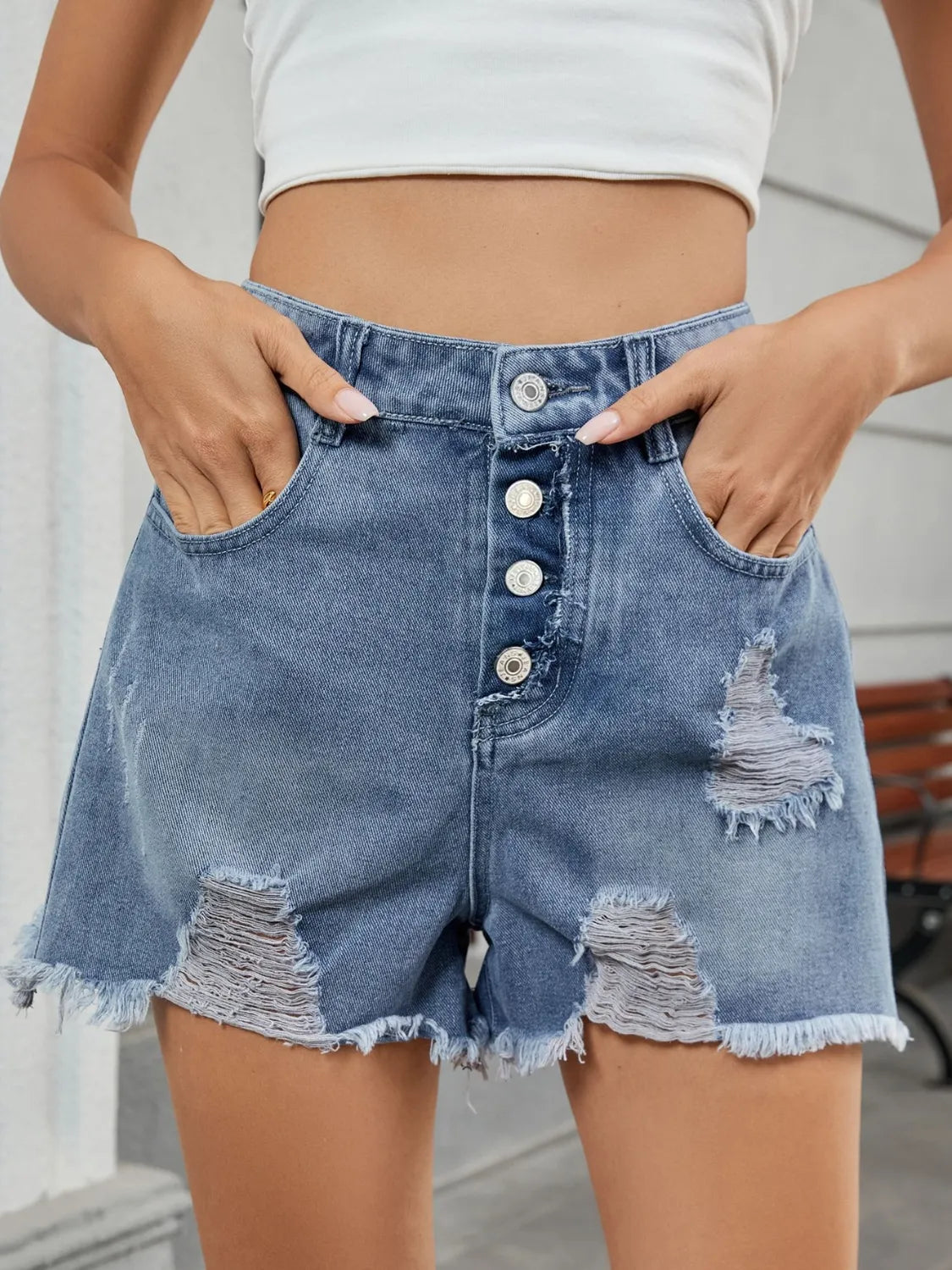 Distressed Raw Hem Denim Shorts (9)