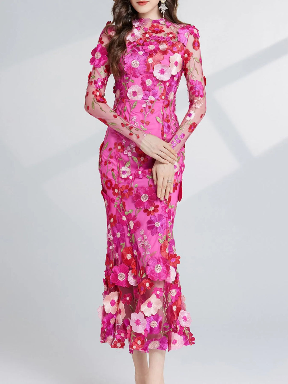 Floral Embroidered Mesh Long Sleeve Midi Dress (16)