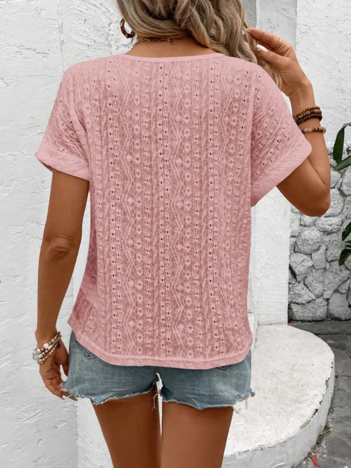 Eyelet Round Neck Short Sleeve Top (28)