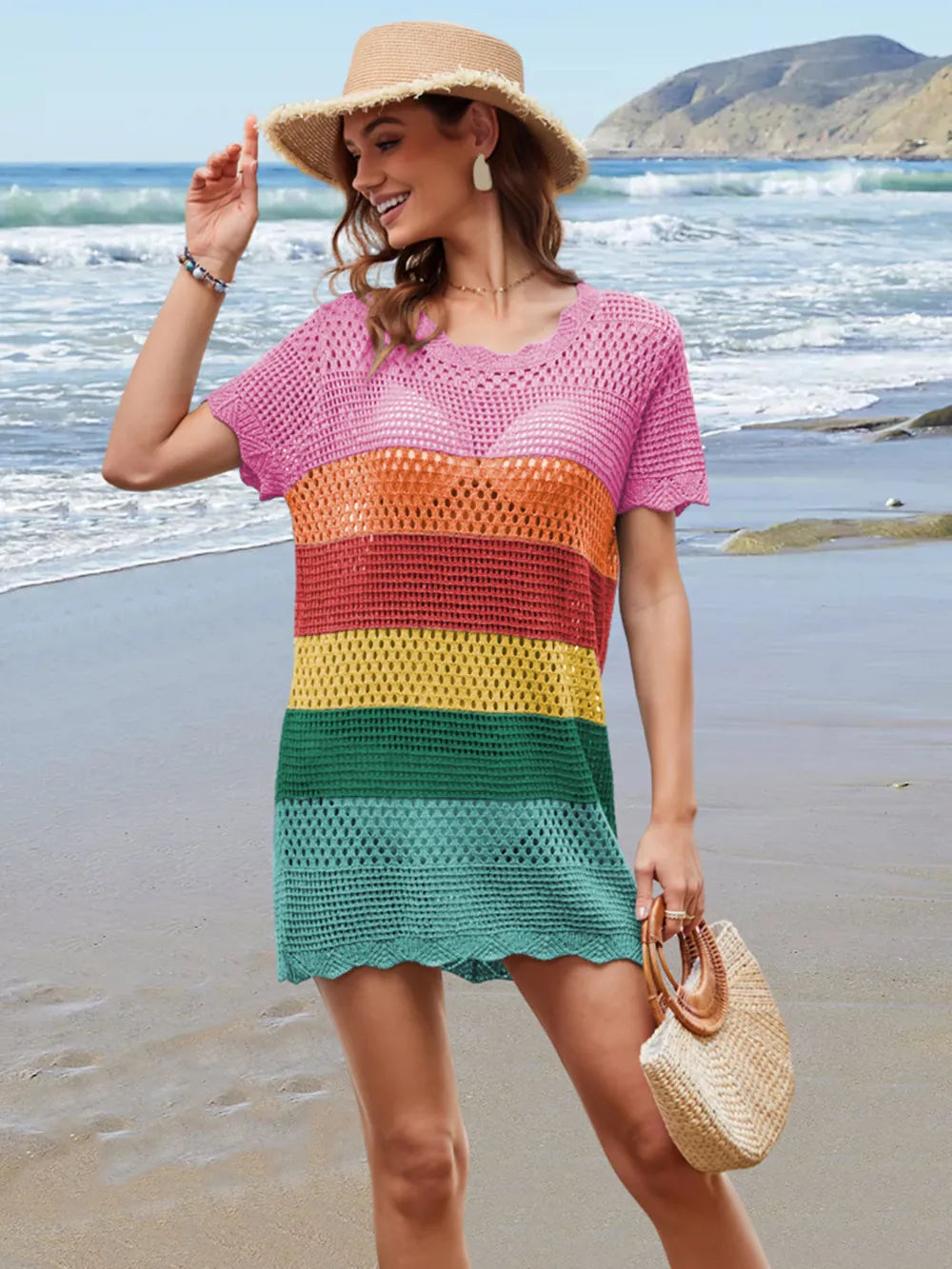 Openwork Round Neck Short Sleeve Cover-up