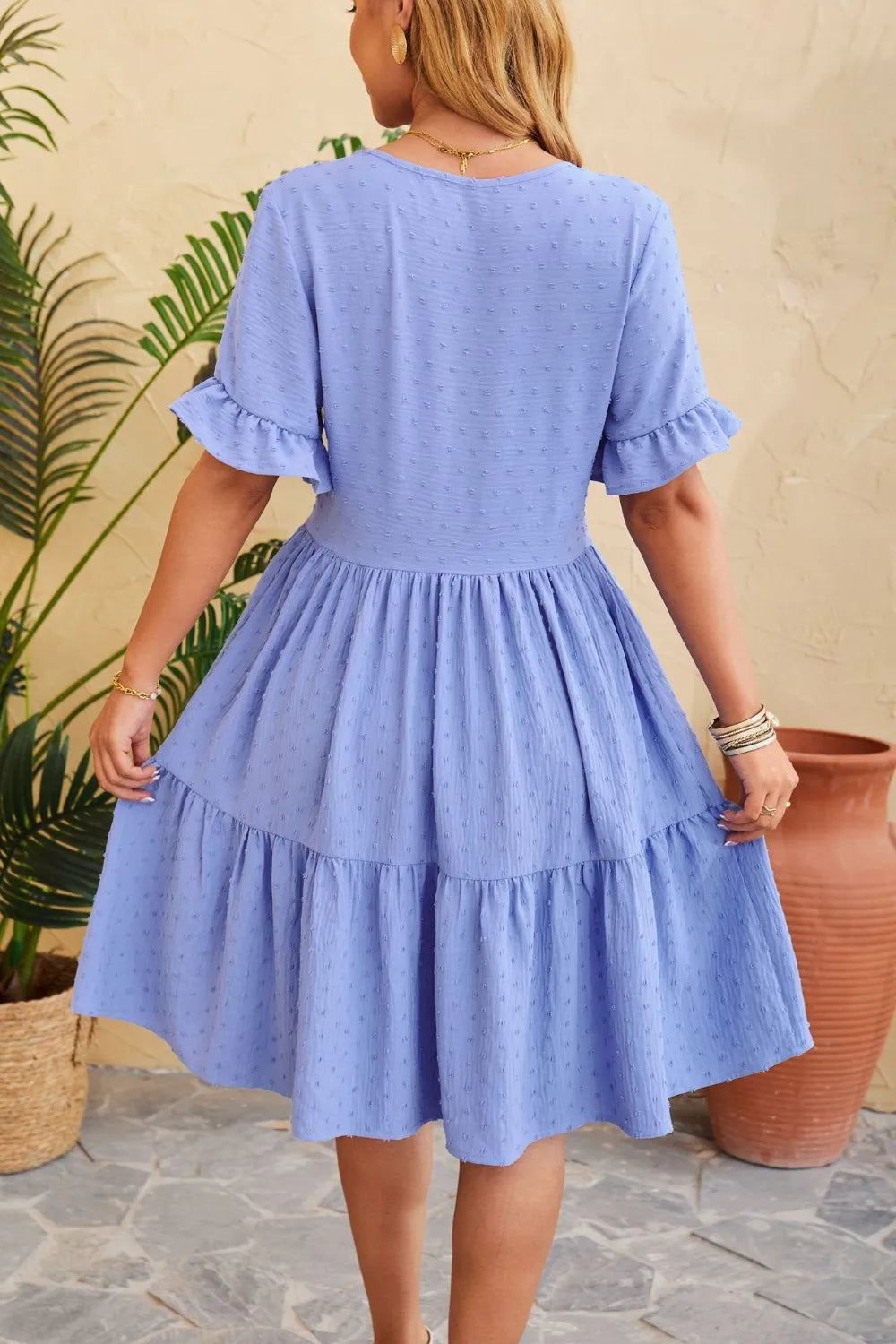 Swiss Dot Ruffled V-neck Tiered Dress (6)