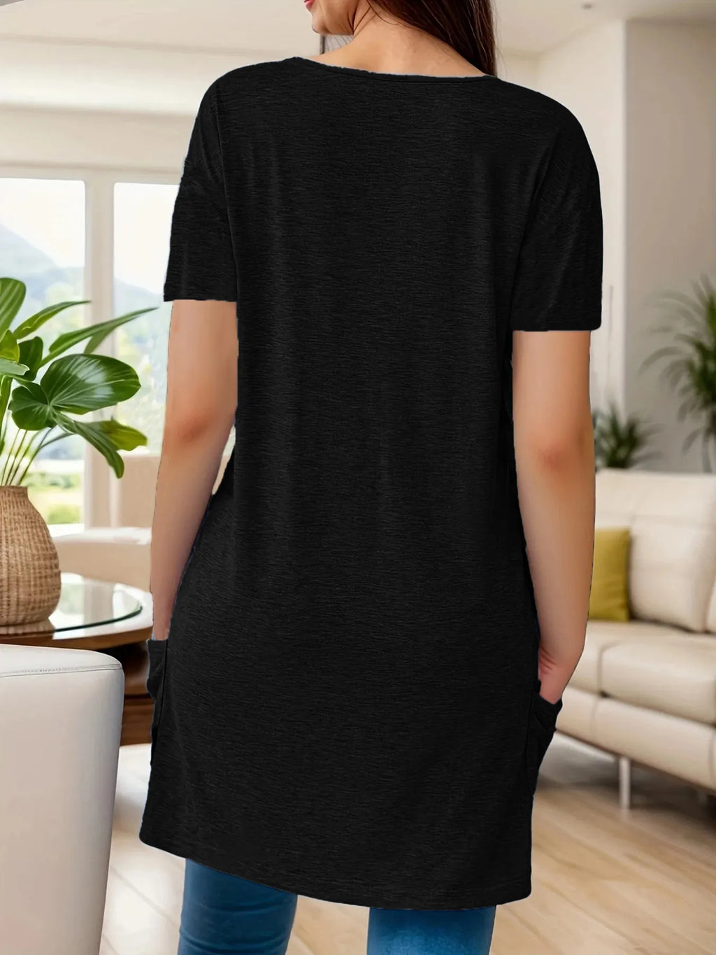 Full Size V-neck Pocket Front Asymmetric Hem T-shirt Plus (5)