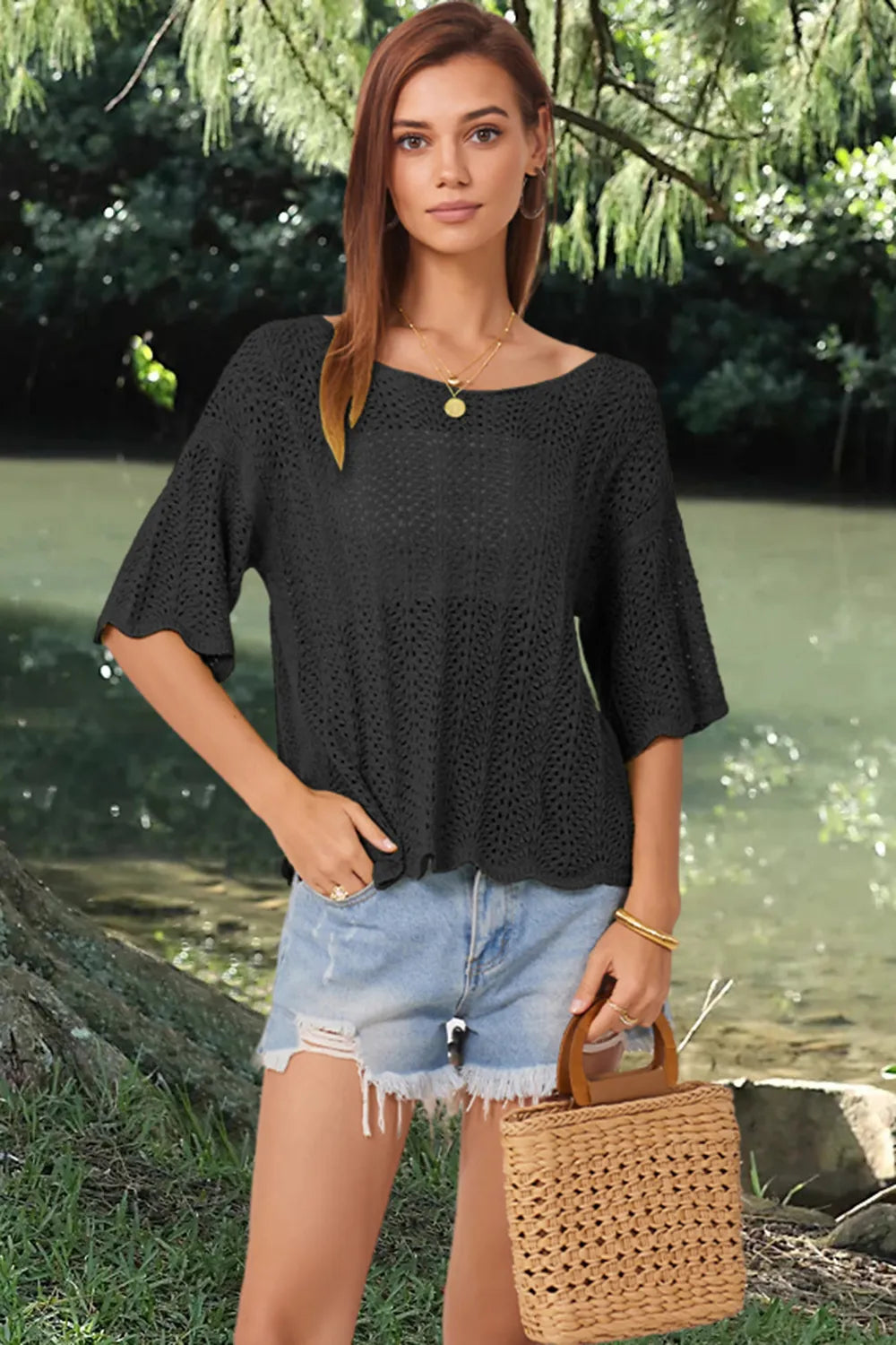 Openwork Round Neck Half Sleeve Knit Top (7)