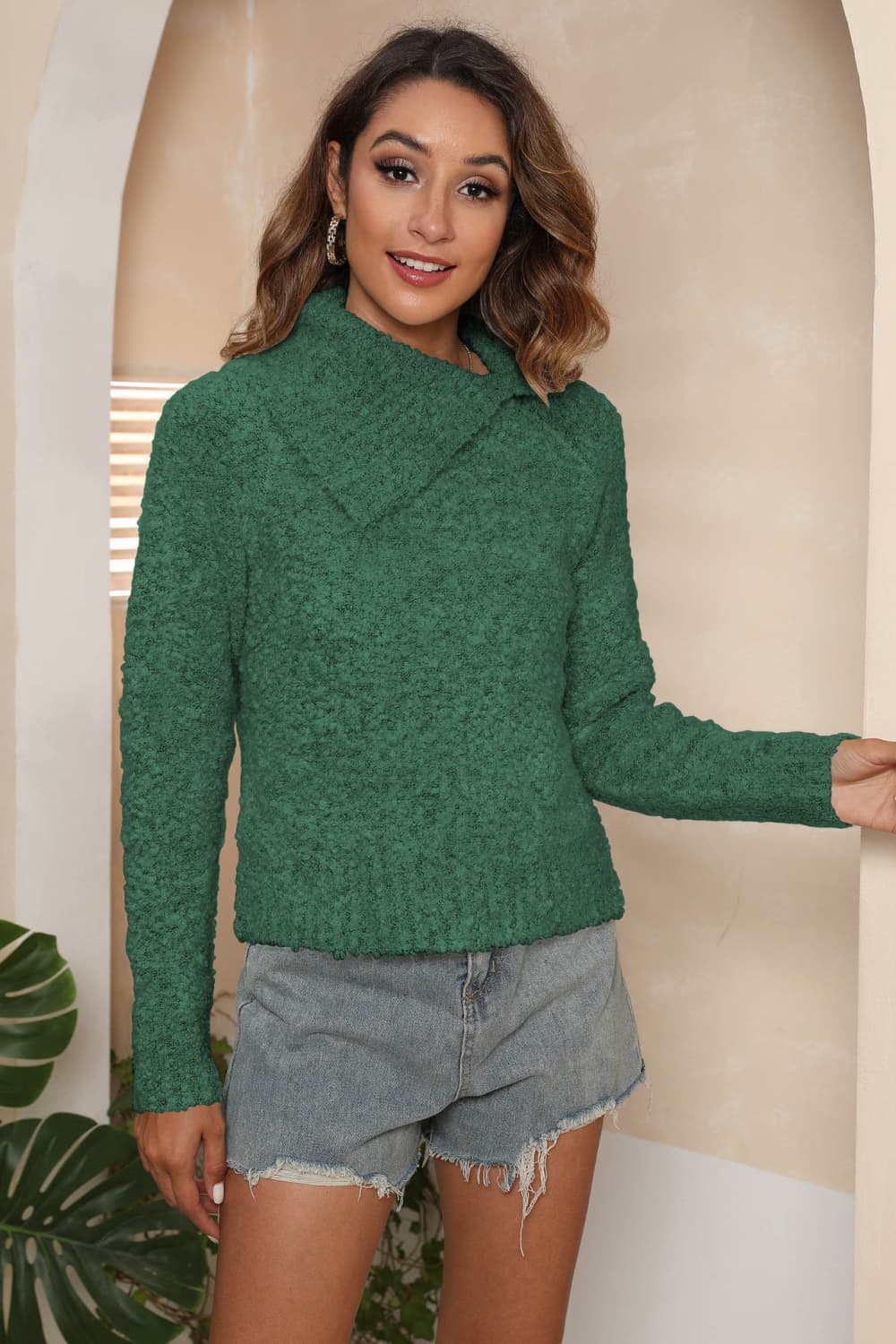 Asymmetrical Neck Long Sleeve Pullover Sweater (8)