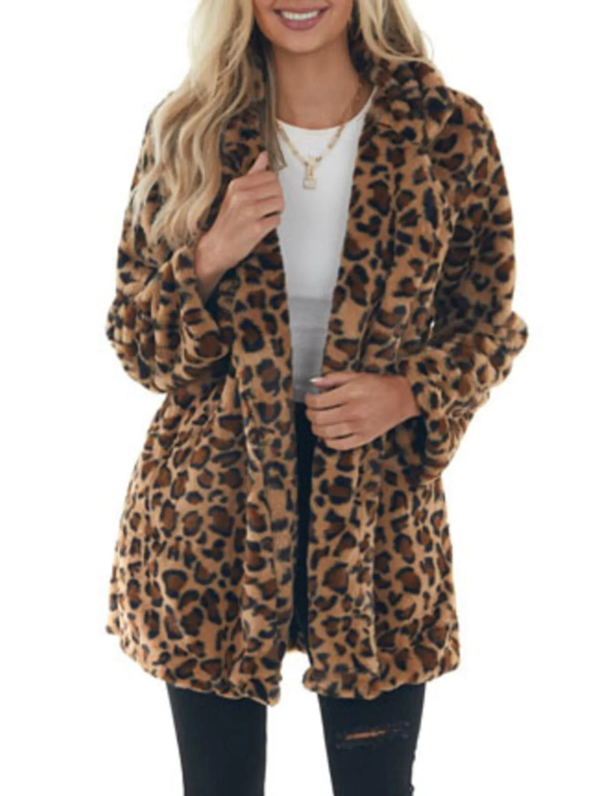 Full Size Leopard Open Front Outerwear Plus