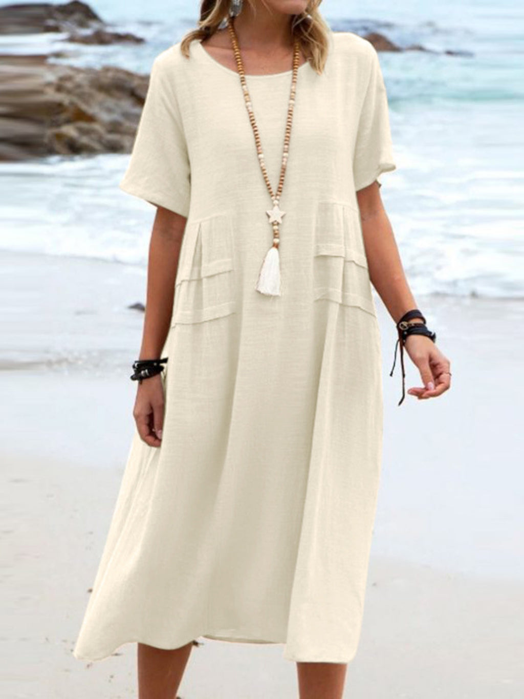 Full Size Casual Linen Blend Midi Dress Plus