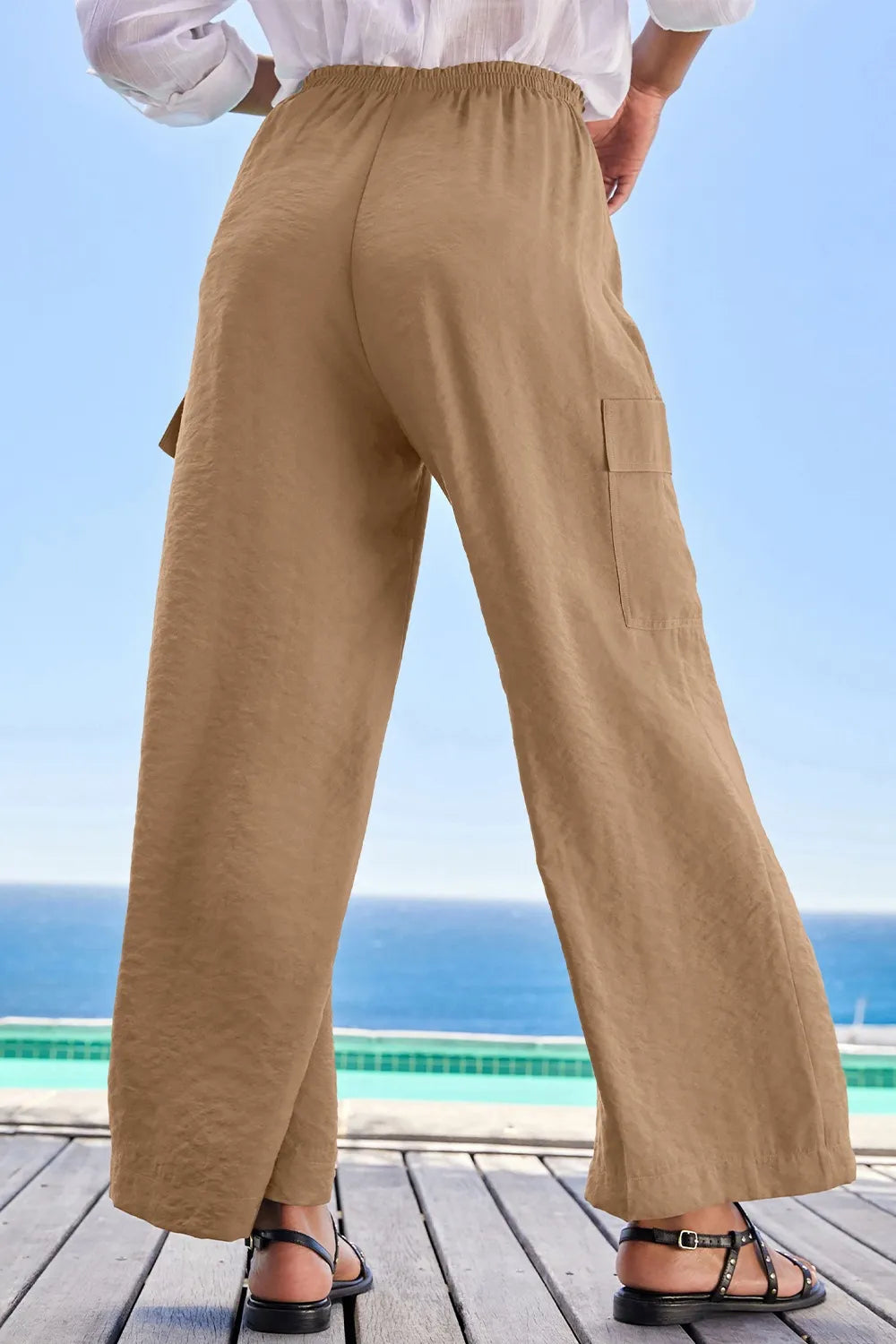 Drawstring Frilled Waist Wide Leg Utility Trousers (2)