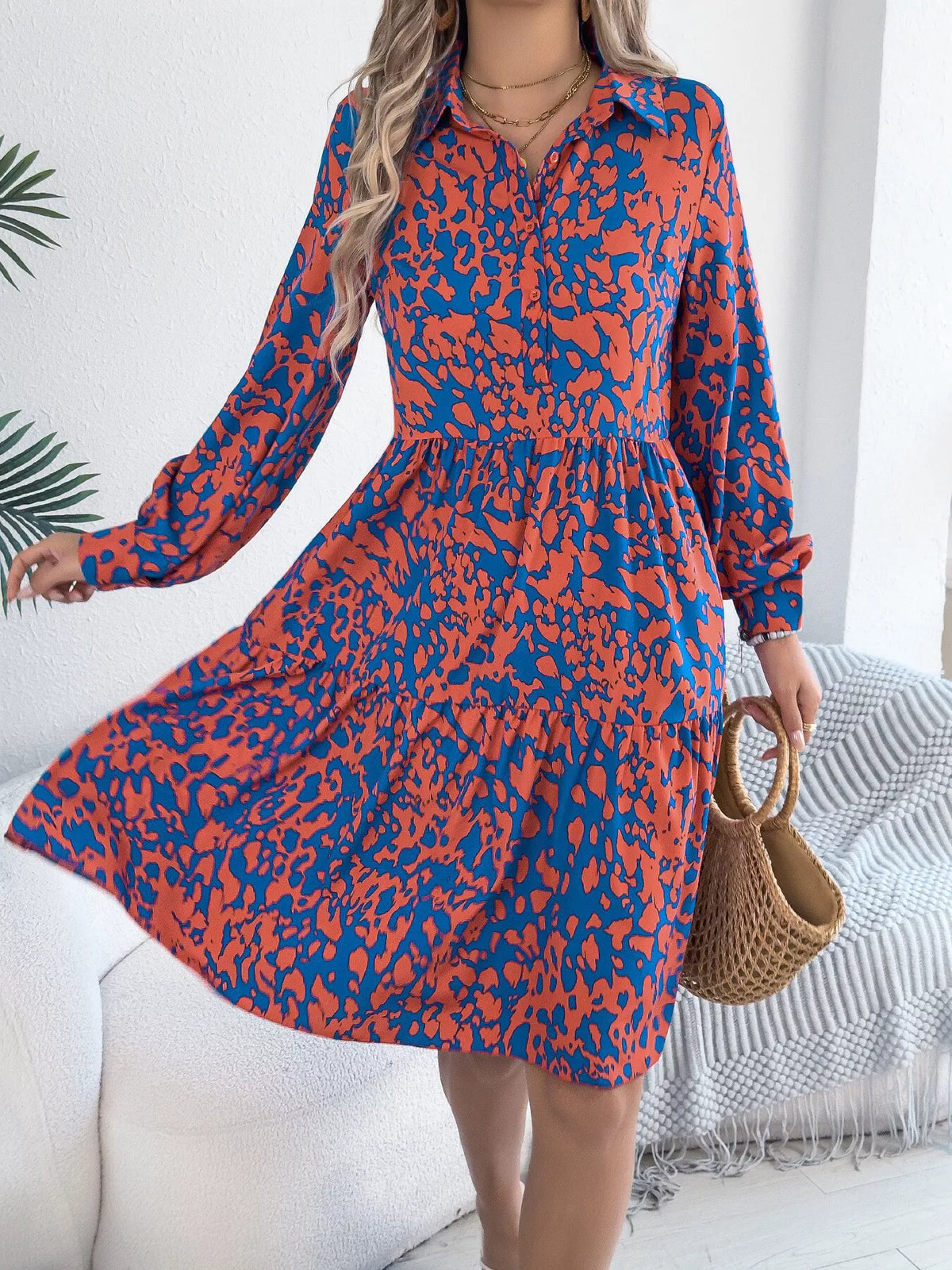 Printed Collared Neck Long Sleeve Dress (12)