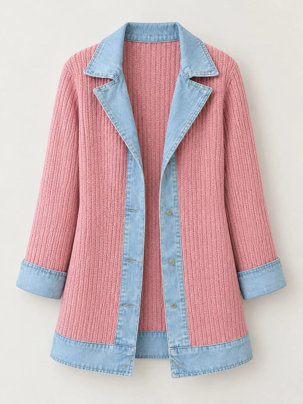 Full Size Denim Trim Ribbed Knit Cardigan Plus (40)