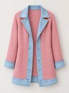 Full Size Denim Trim Ribbed Knit Cardigan Plus (40)