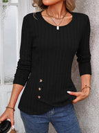 Decorative Button Round Neck Long Sleeve T-shirt (11)