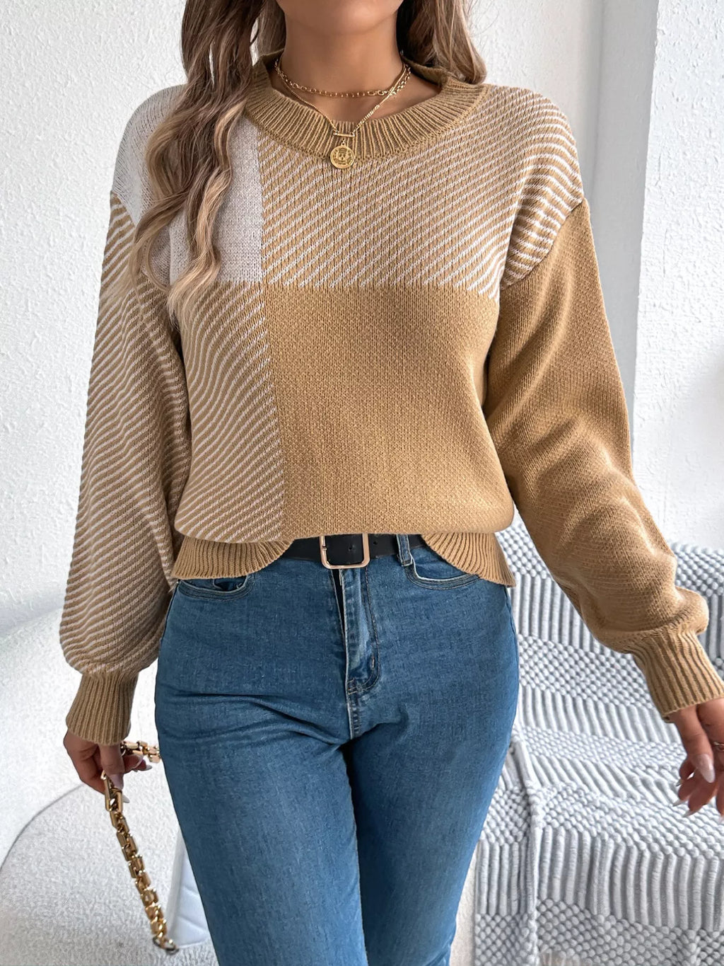 Block Striped Round Neck Sweater (4)