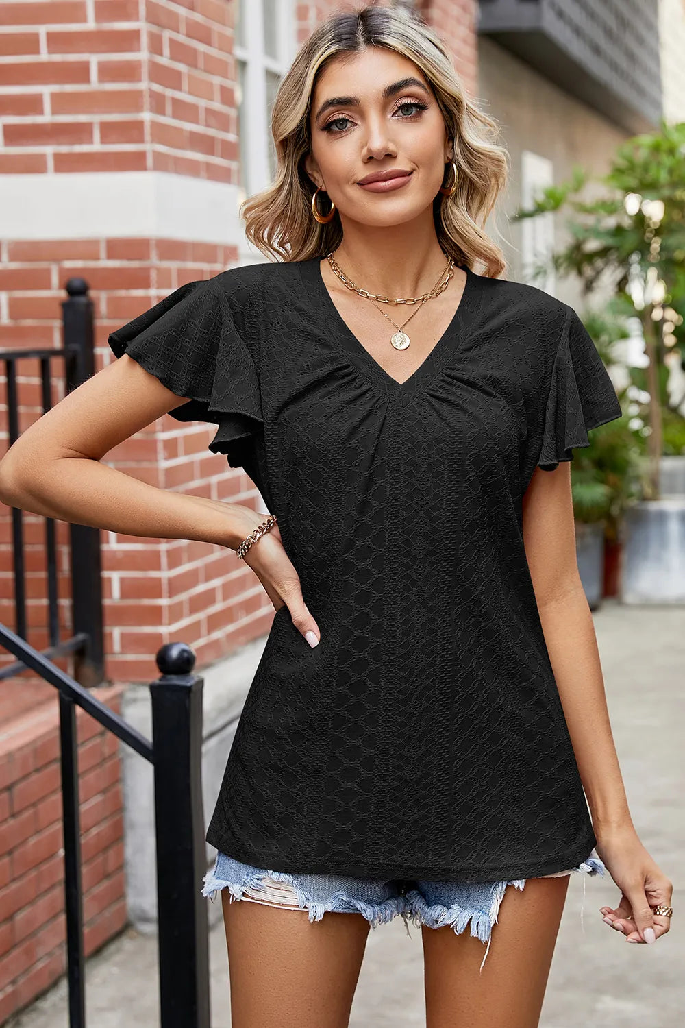 Eyelet V-neck Flutter Sleeve T-shirt (7)