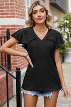 Eyelet V-neck Flutter Sleeve T-shirt (7)