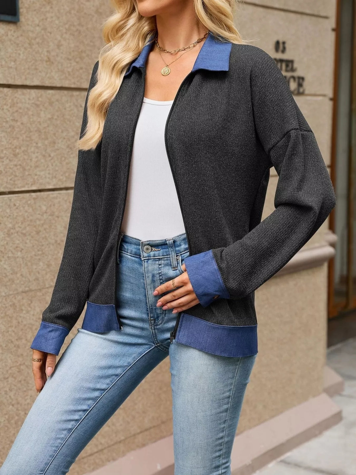Contrast Denim Collar Zip Up Outerwear (9)