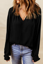 Notched Neck Lantern Sleeve Blouse (11)