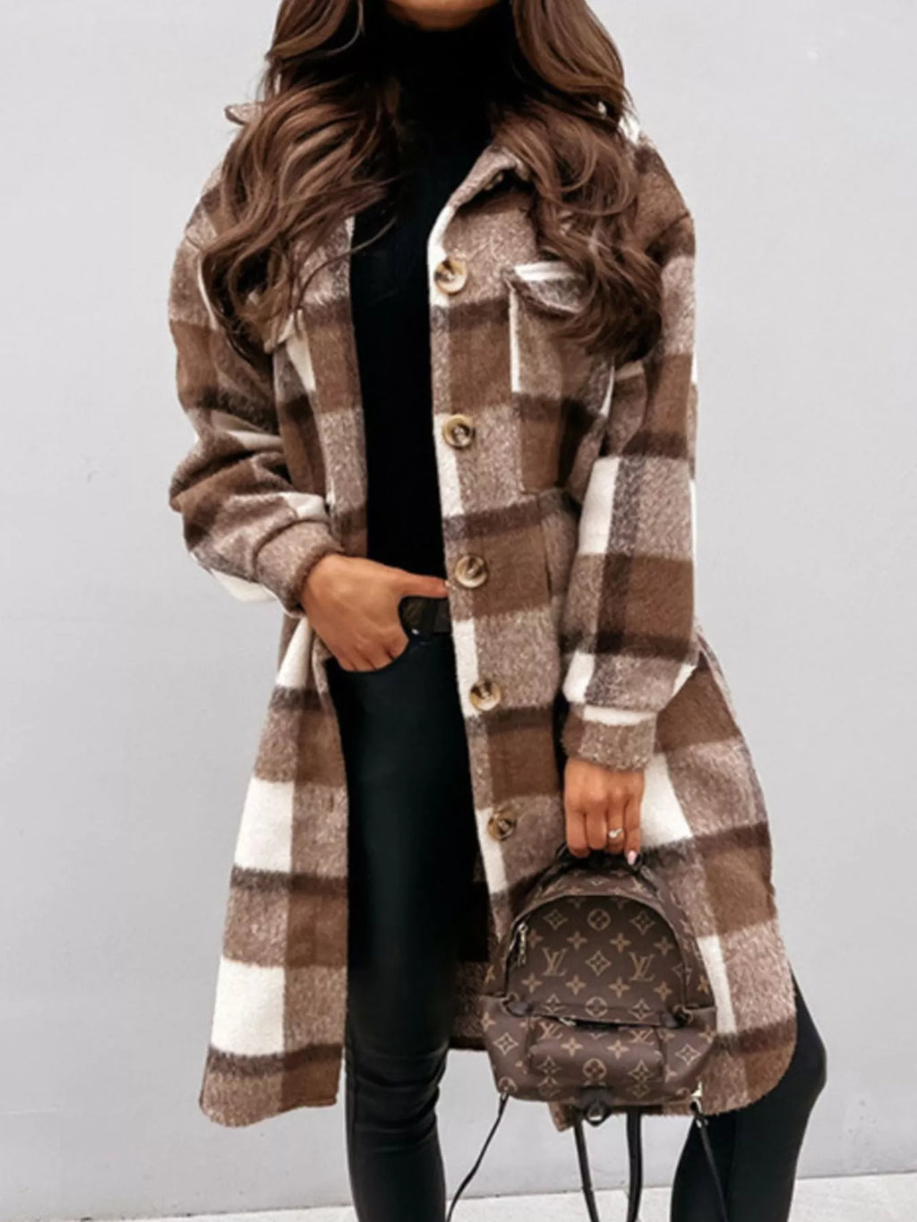 Longline Plaid Button Up Coat (2)