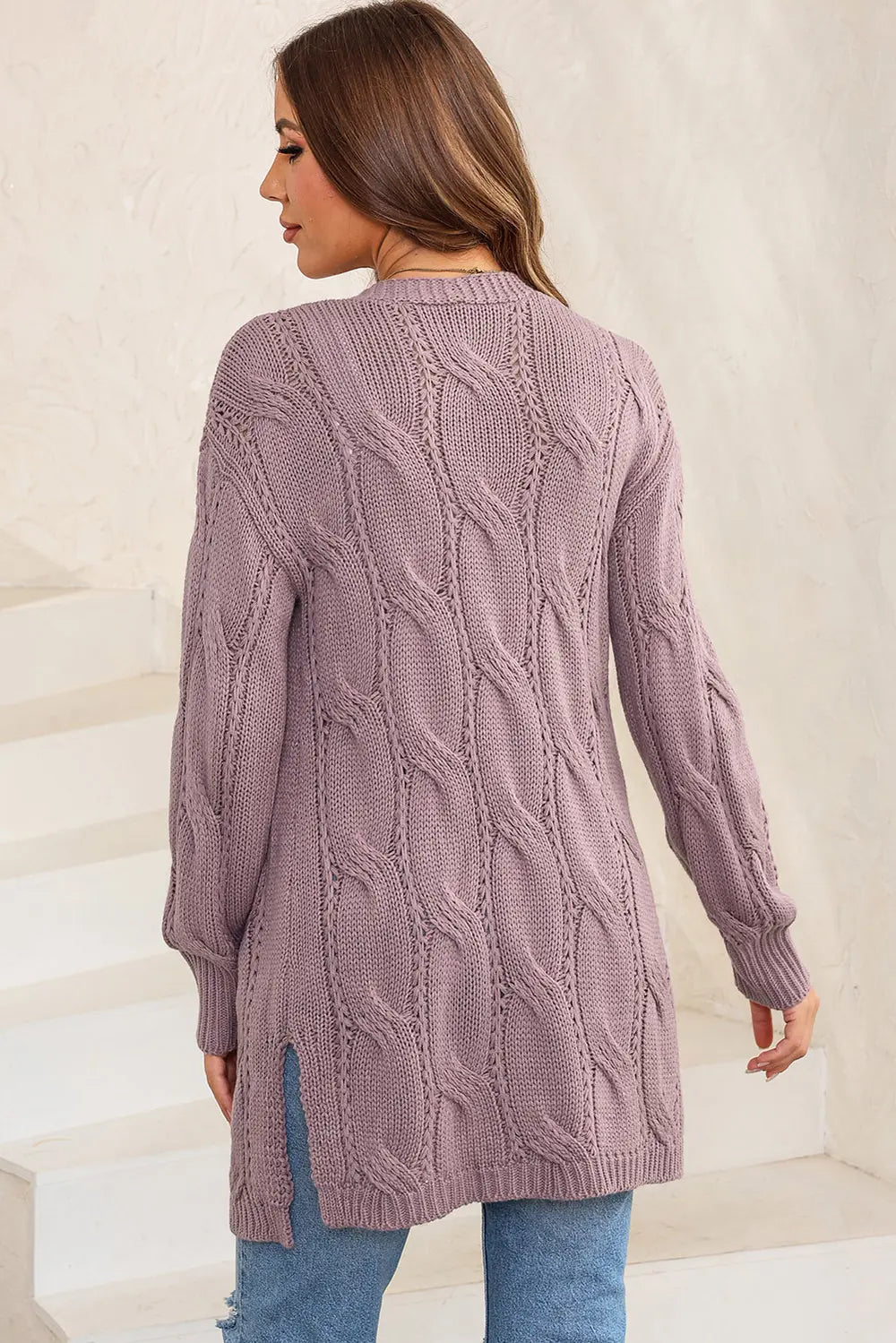Cable-knit Dropped Shoulder Slit Cardigan (16)