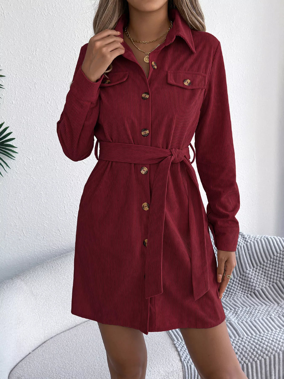 Corduroy Button-down Shirt Dress (14)