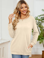 Ruched Shoulder Round Neck Long Sleeve Sweatshirt (13)