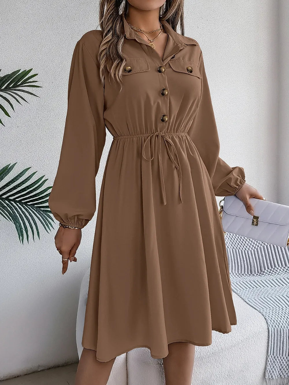 Collared Neck Long Sleeve Dress Pockets (23)