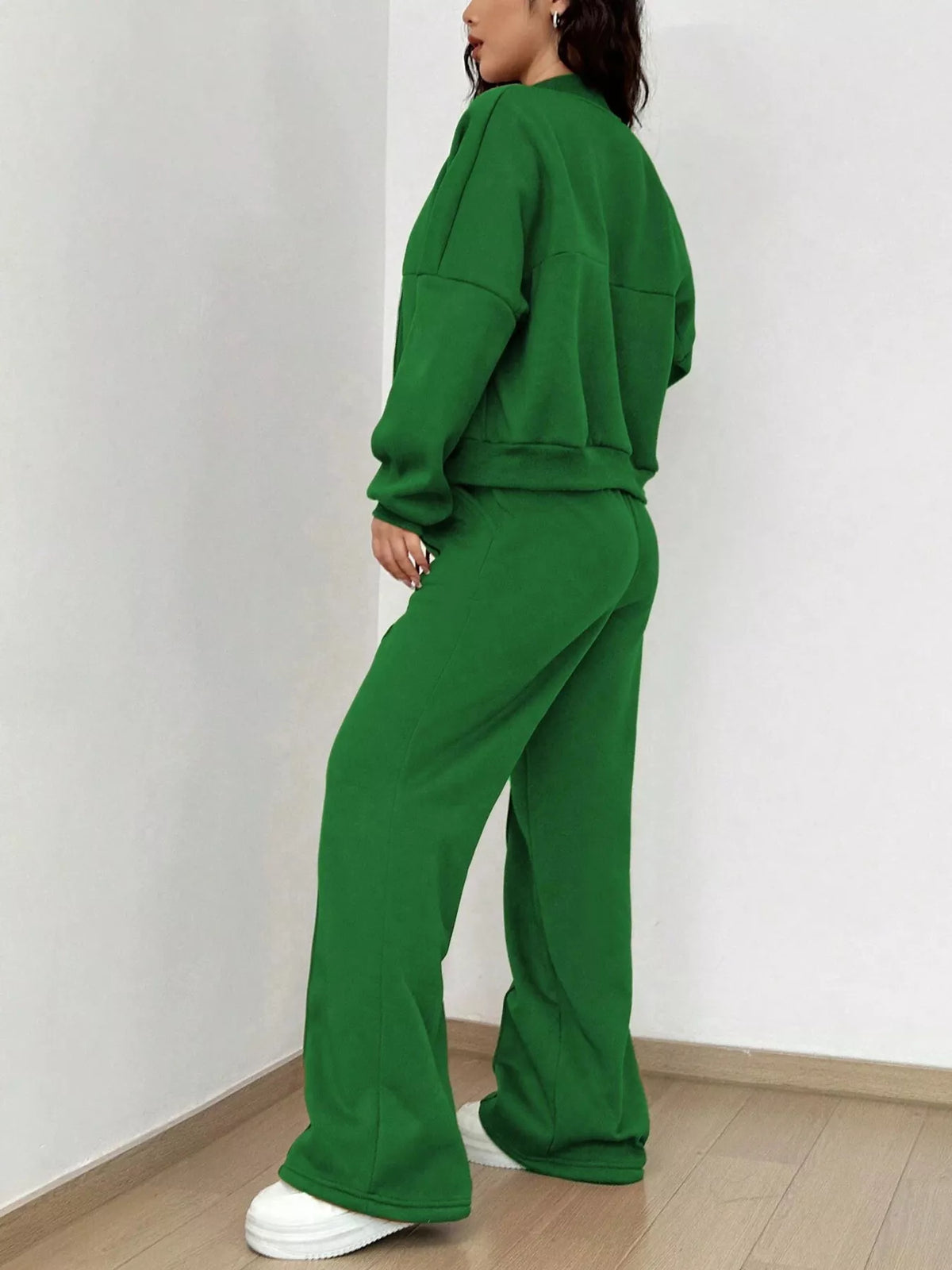 Casual Solid Color Zipper Jacket Wide Leg Pants Set (12)