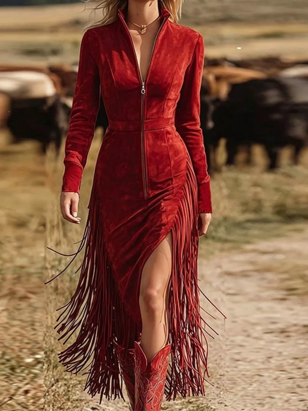 Fringe Zip-front Midi Dress
