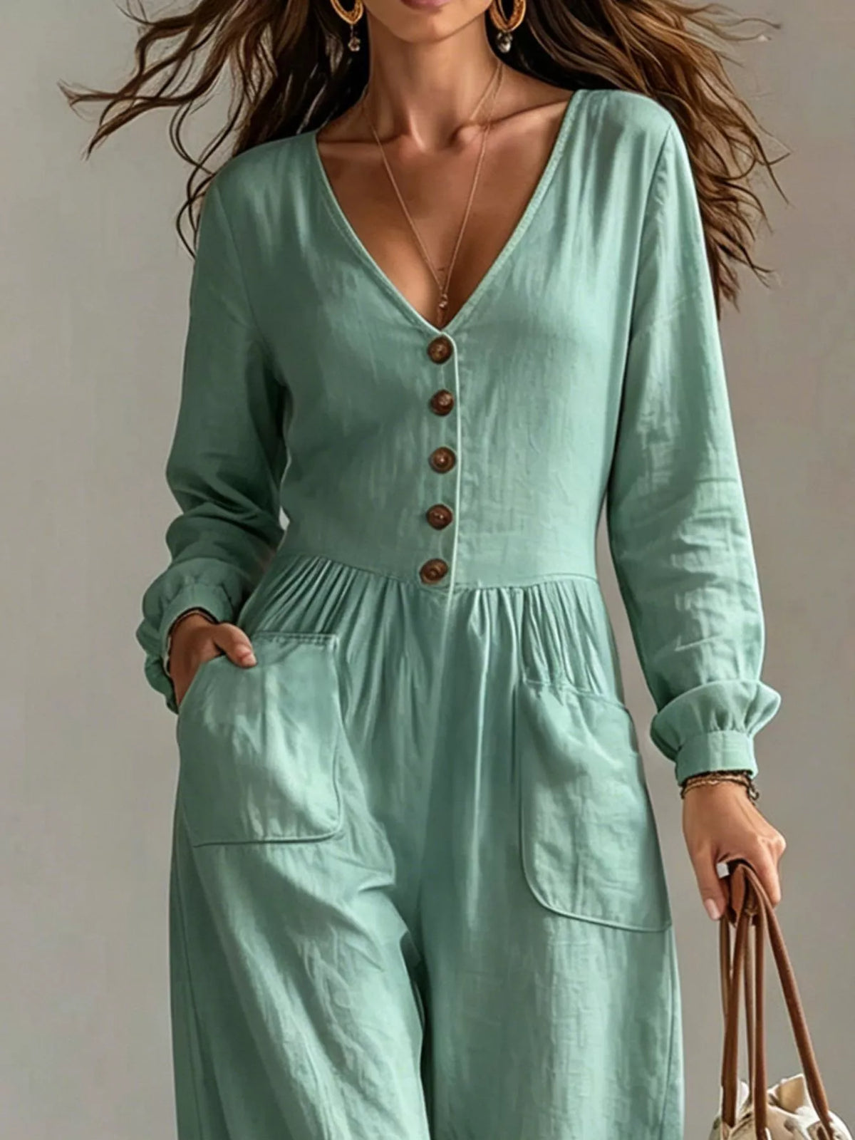 V-neck Long Sleeve Button-down Wide Leg Jumpsuit (8)