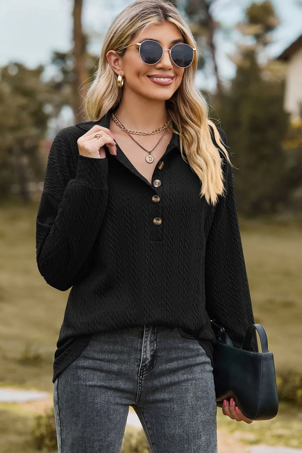 Half Button Dropped Shoulder Blouse (2)
