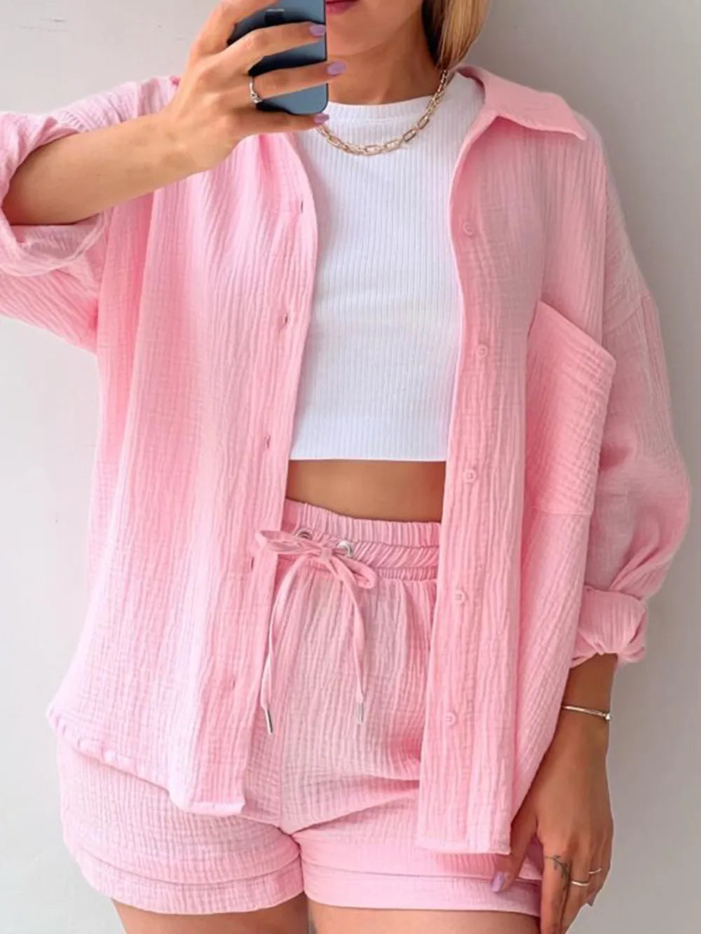 Texture Button Up Shirt Drawstring Shorts Set (8)