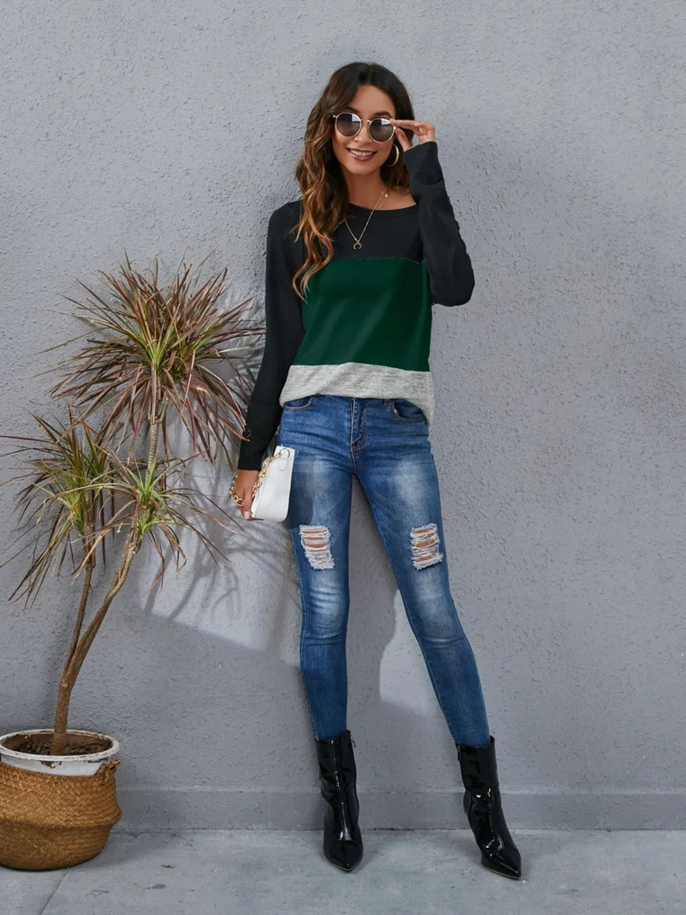 Block Round Neck Long Sleeve T-shirt (12)