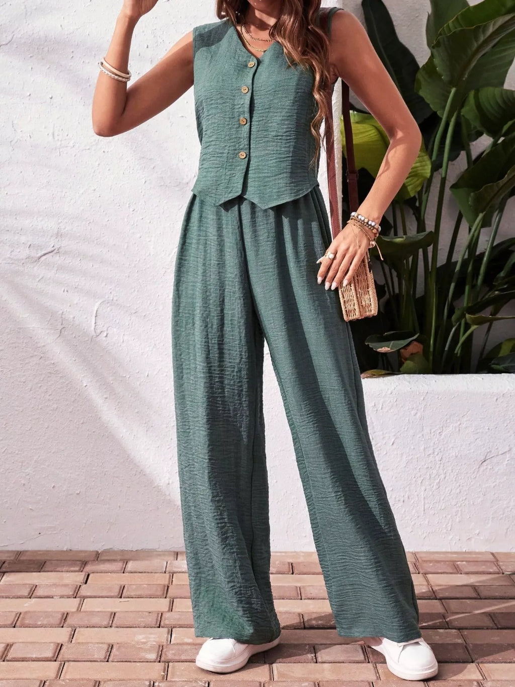 Button-down Vest Wide Leg Pants Set (25)