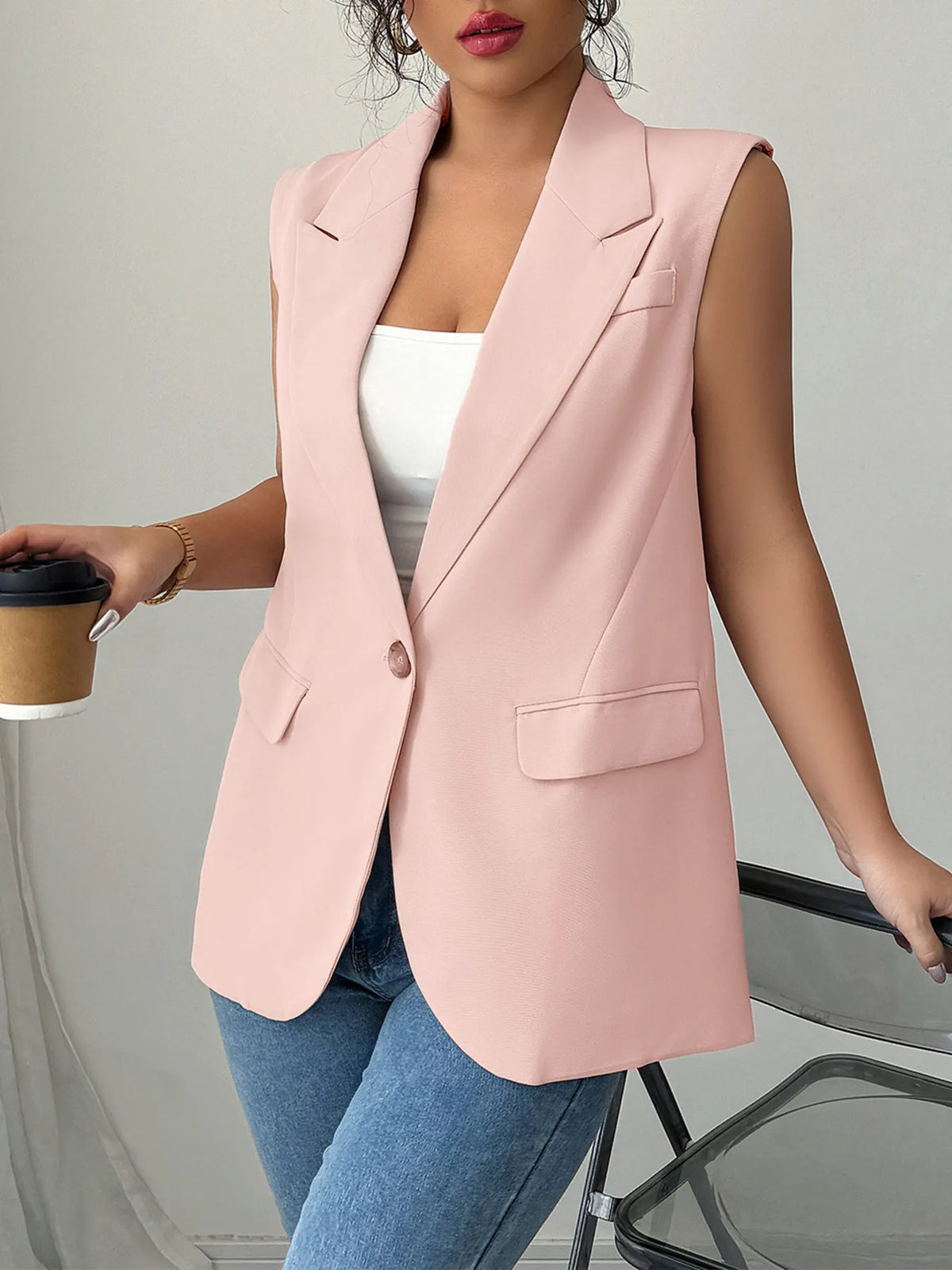 One Button V-neck Blazer Vest Coat (9)