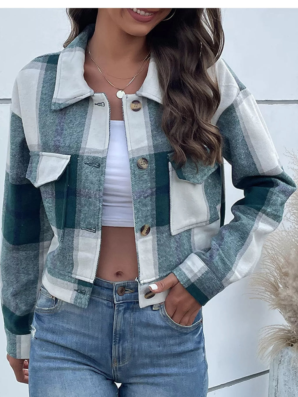 Plaid Button-front Cropped Jacket (20)