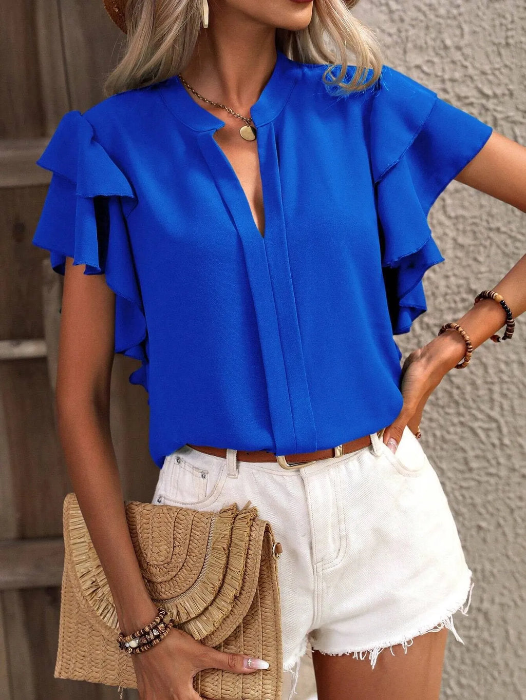 Ruffle Sleeve Notched Blouse (14)