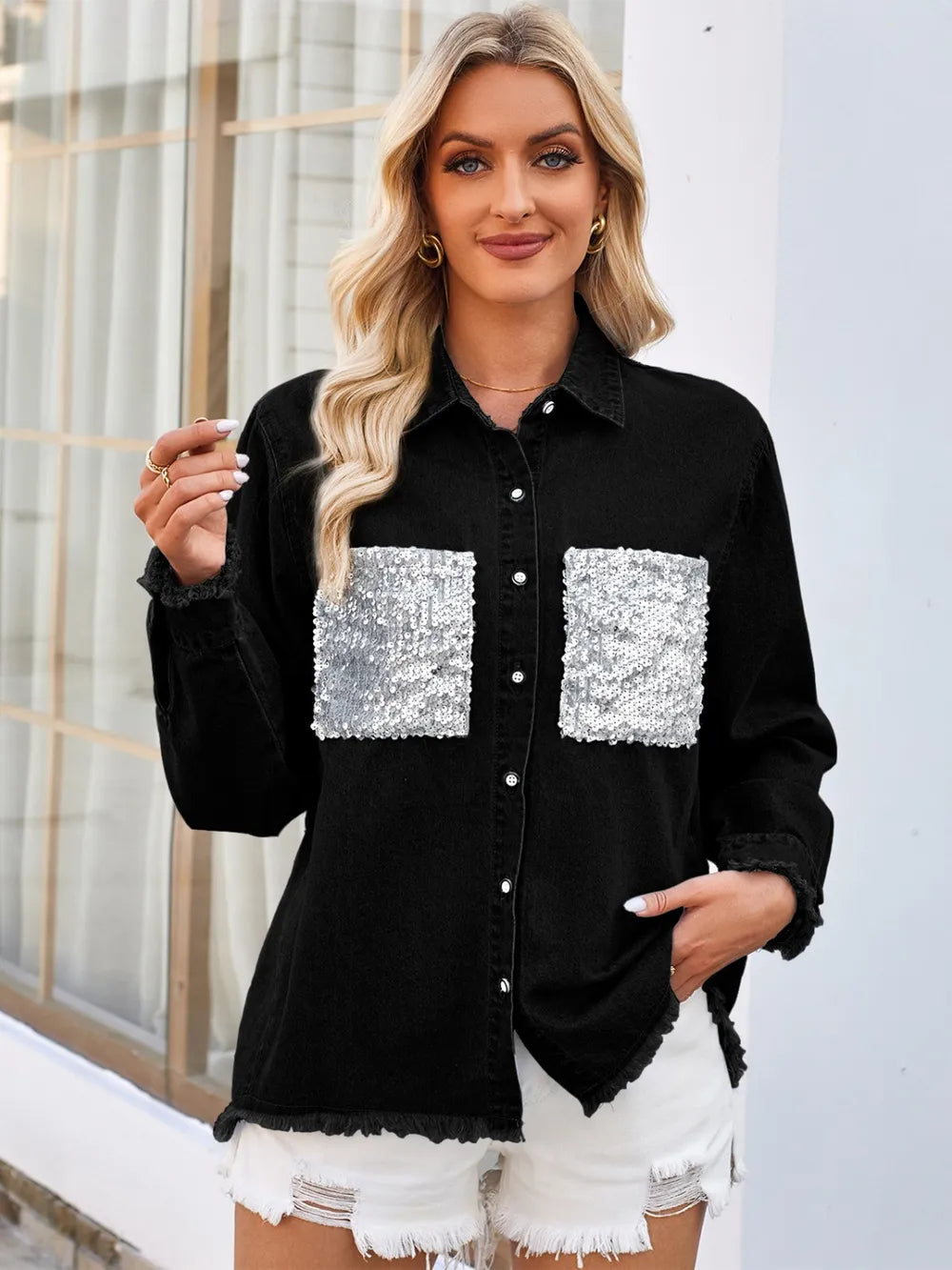 Raw Hem Button Up Long Sleeve Denim Jacket Sequin Pockets