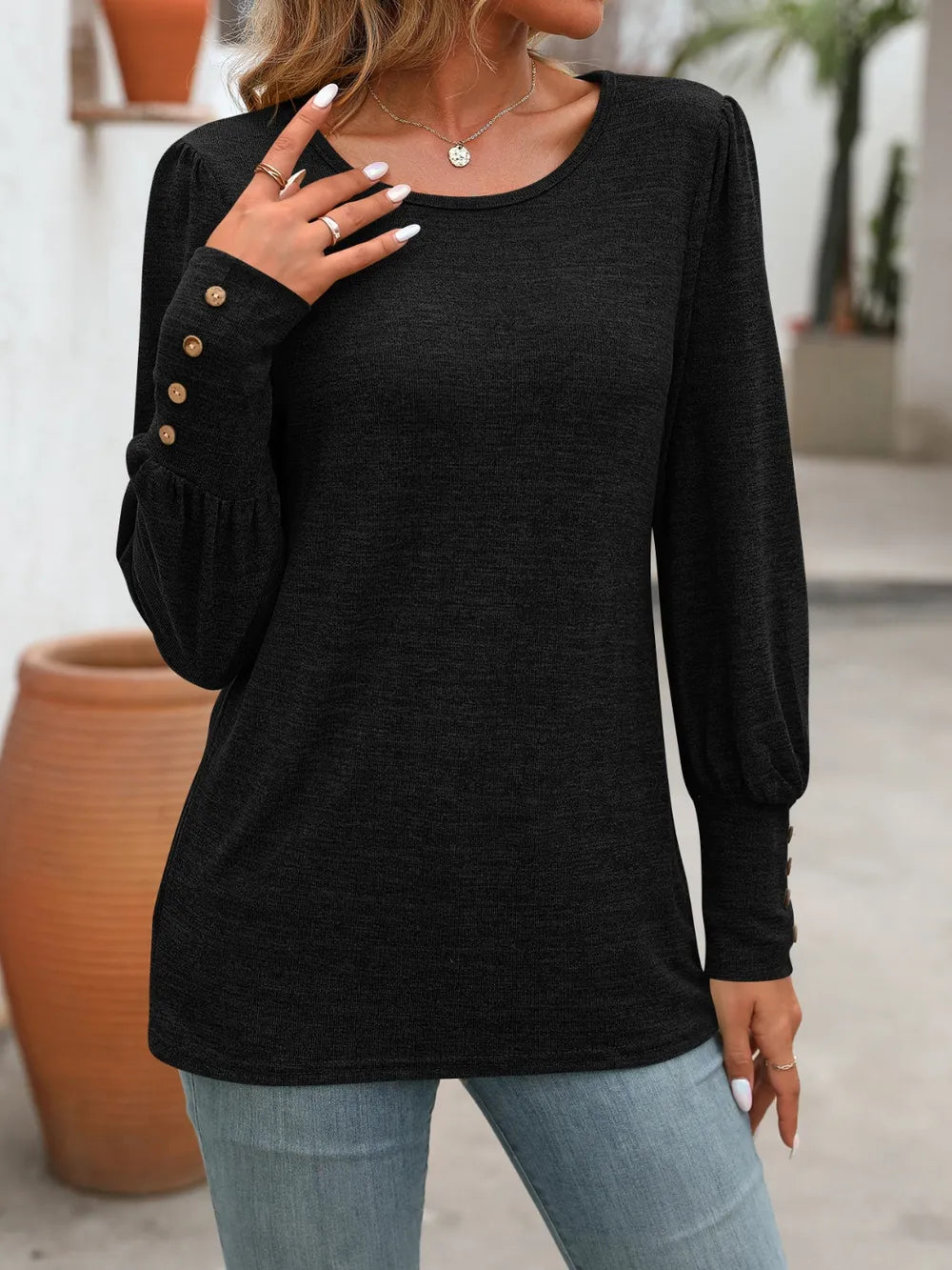 Decorative Button Round Neck Long Sleeve T-shirt (14)