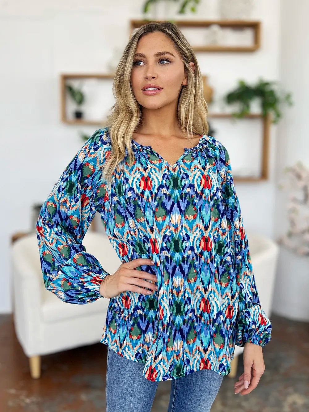 Full Size Printed Balloon Sleeve Blouse (16)