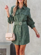 Button Front Belt Long Sleeve Corduroy Dress (13)