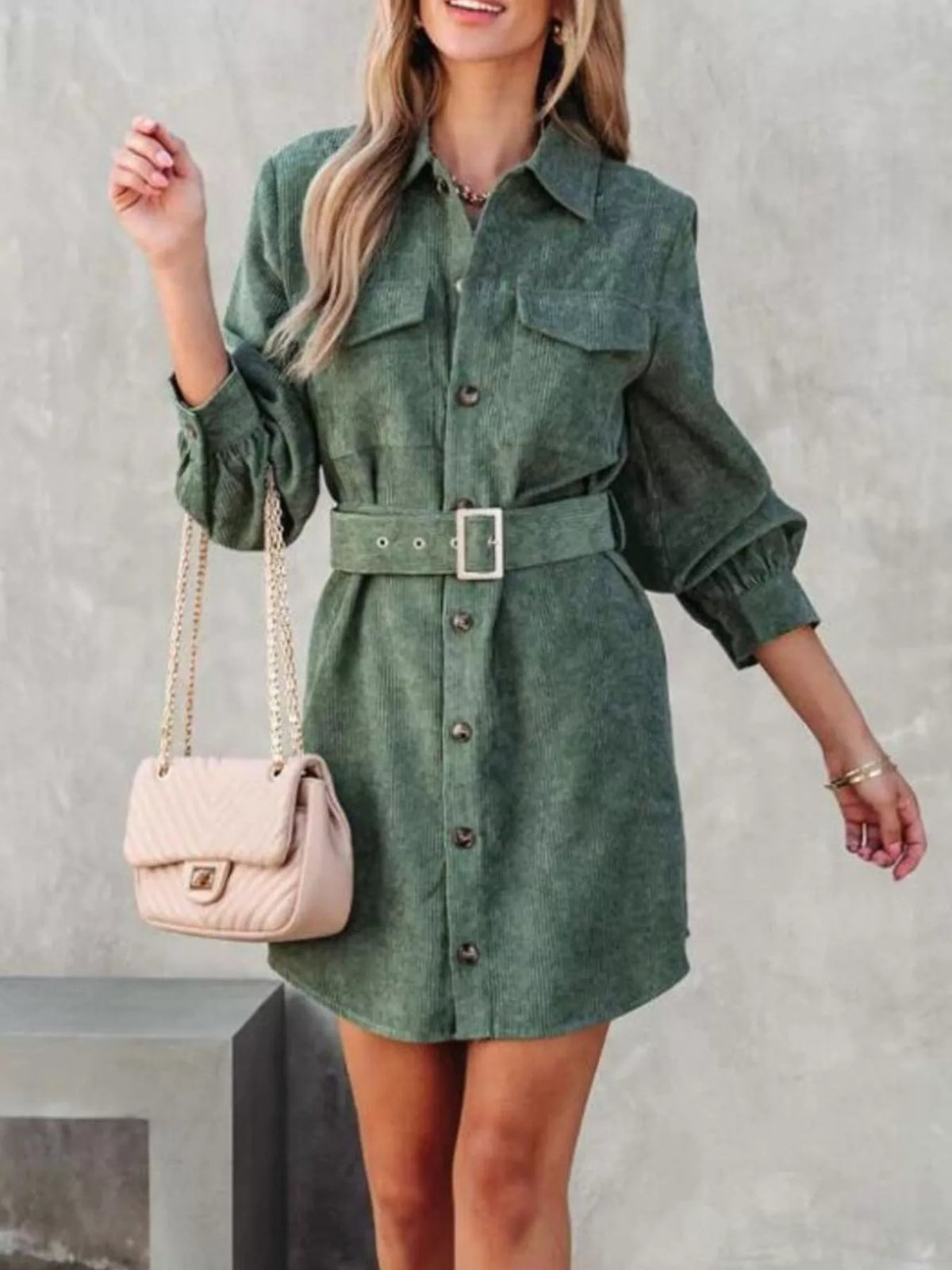 Button Front Belt Long Sleeve Corduroy Dress (13)