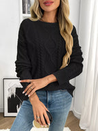 Cable Knit Round Neck Long Sleeve Sweater (13)