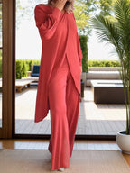 Full Size Slit Round Neck Long Sleeve Top Pants Set