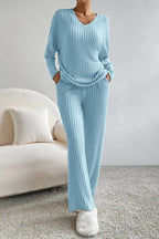 Ribbed V-neck Top Pants Set (15)