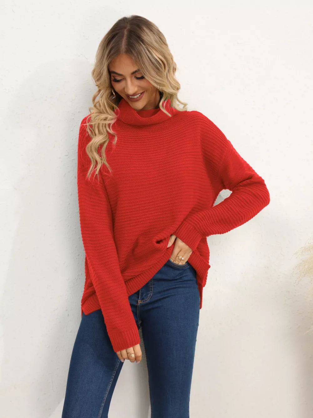 Slit Turtleneck Dropped Shoulder Sweater (10)