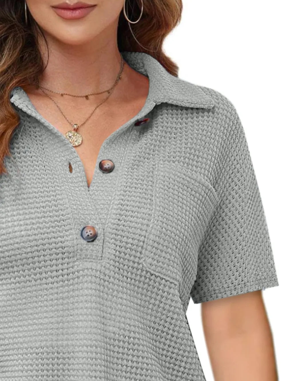 Waffle-knit Short Sleeve Polo Shirt (18)