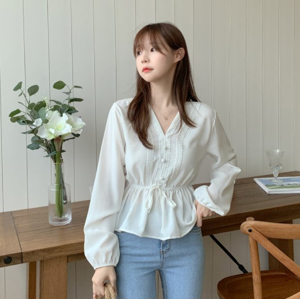 Shintimes V-neck White Blouse Sashes Casual Clothes variant CJLT118502201AZ|CJLT118502202BY|CJLT118502203CX|CJLT118502204DW