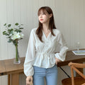 Shintimes V-neck White Blouse Sashes Casual Clothes variant CJLT118502201AZ|CJLT118502202BY|CJLT118502203CX|CJLT118502204DW